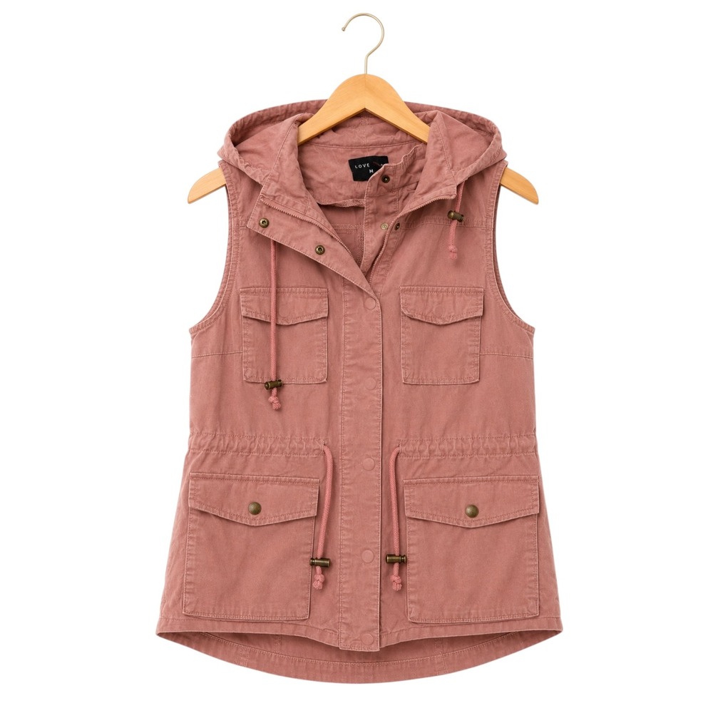 Love Tree Womens S Dusty Rose Utility Vest Hooded Cargo Military Safari Boho